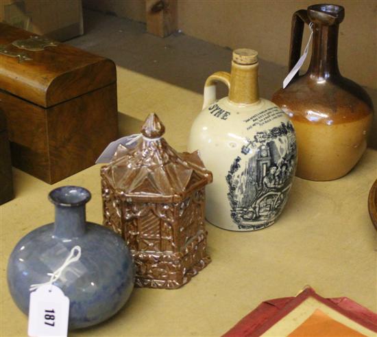 Kennedy Bros Auld Lang Syne stoneware bottle, Doulton ewer, Silicon blue vase & treacle-glazed hexagonal tobacco jar & cover (4)